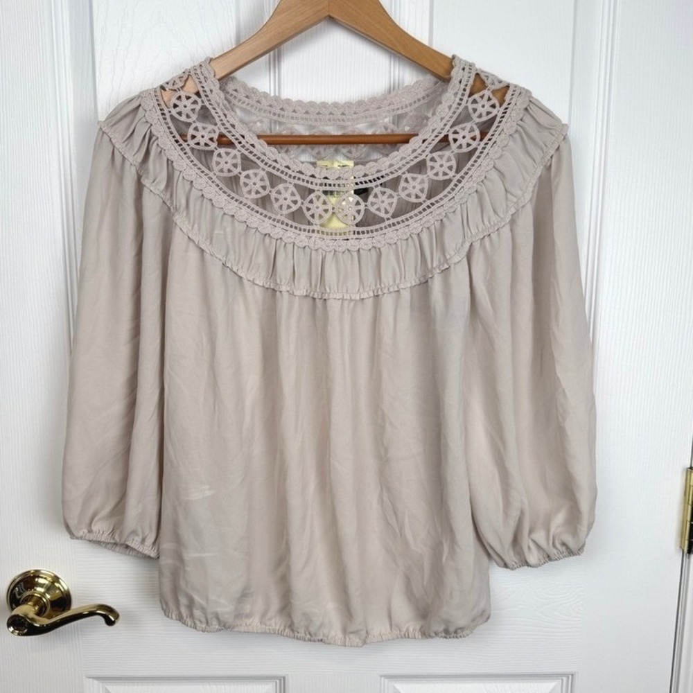 MAX EDITION‎ Women Beige Crochet Trim Blouse 3/4 Sleeve Pullover Top S